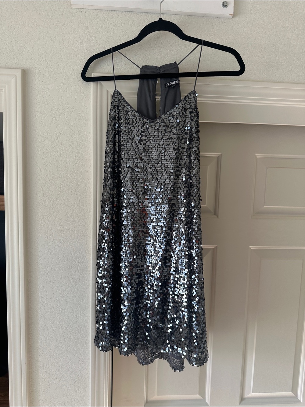 Express Gunmetal Sequin Strapless Mini Dress